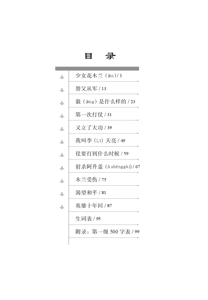 Table of contents: Graded Readers for Chinese Language Learners (Folktales): Hua Mulan (ISBN:9787561940259)