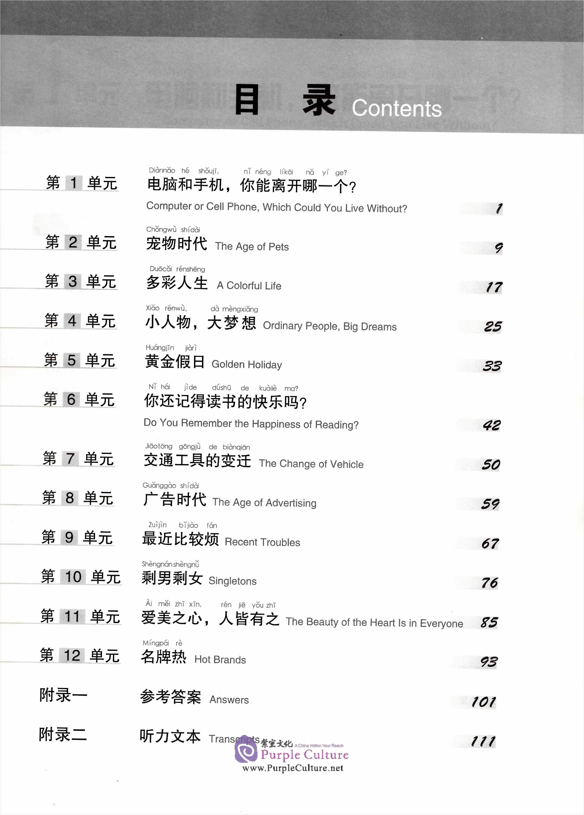 第1单元电脑和手机，你能离开哪一个？ 
第2单元宠物时代 
第3单元多彩人生 
第4单元小人物，大梦想 
第5单元黄金假日 
第6单元你还记得读书的快乐吗？ 
第7单元交通工具的变迁 
第8单元广告时代 
第9单元取近比较烦 
第10单元剩男剩女 
第11单元爱美之心，人皆有之 
第12单元名牌热 
附录一参考答案 
附录二听力文本