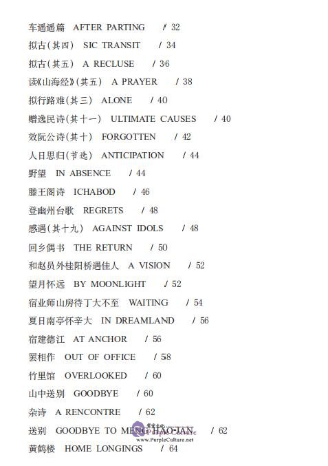 Table of contents: The Bilingual Reading of the Chinese Classic: Chinese Poetry in English Verse (ISBN:9787534884528)