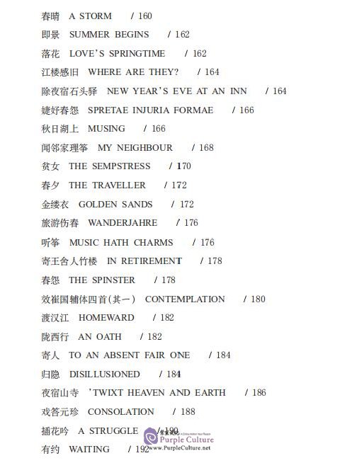 Table of contents: The Bilingual Reading of the Chinese Classic: Chinese Poetry in English Verse (ISBN:9787534884528)