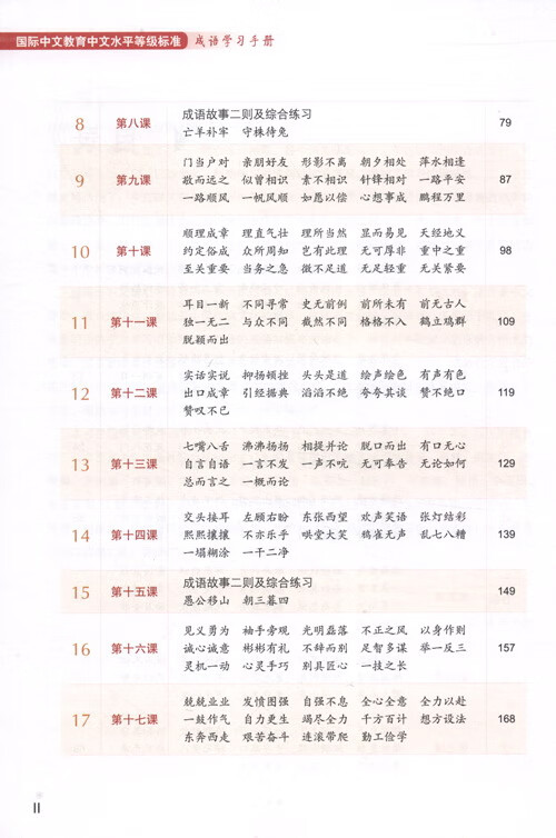 Table of contents: Chinese Proficiency Grading Standards for International Chinese Language Education: Idiom Learning Handbook (ISBN:9787561966372)