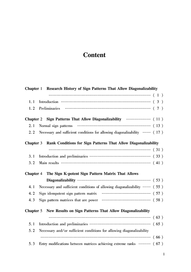 Table of contents: The Recent Research of Sign Pattern That Allows Diagonalizability (ISBN:9787569063226)