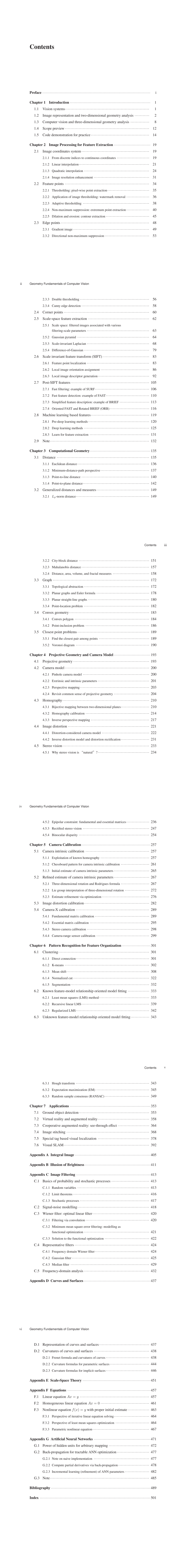Table of contents: Geometry Fundamentals of Computer Vision (ISBN:9787313320988)