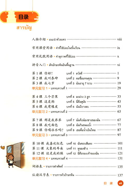 Table of contents: I Love Chinese - Thai Primary School Chinese Textbook 1 (ISBN:9787521308877)
