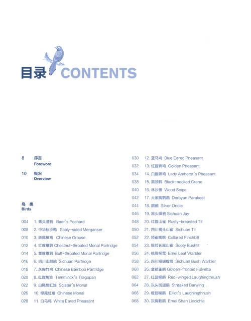 Table of contents: RARE AND ENDEMIC BIRDS IN MOUNTAINS OF SOUTHWEST CHINA (ISBN:9787574011359)
