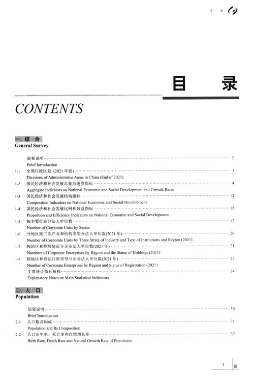 Table of contents: China Statistical Yearbook 2022 (with CD-Rom) (ISBN:9787503799501)