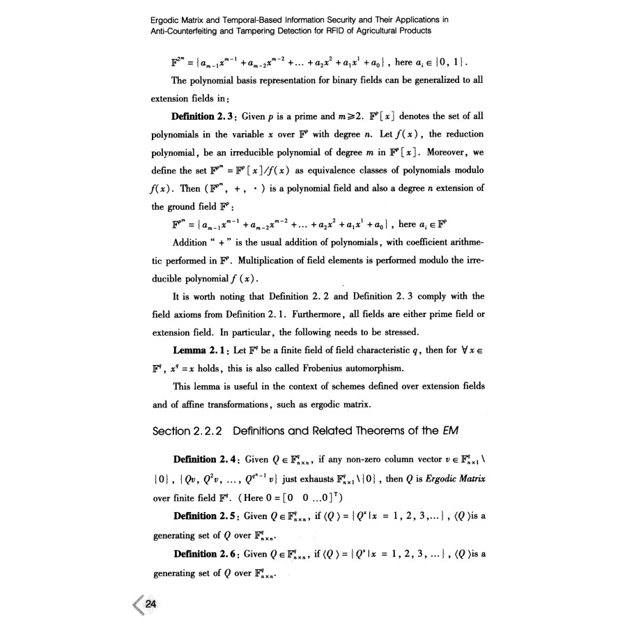 Sample pages of Ergodic Matrix and Temporal-Based Information Security and Their Applications in Anti-Counterfeiting and Tampering Detection for RFID of Agricultural Products (ISBN:9787513045100)