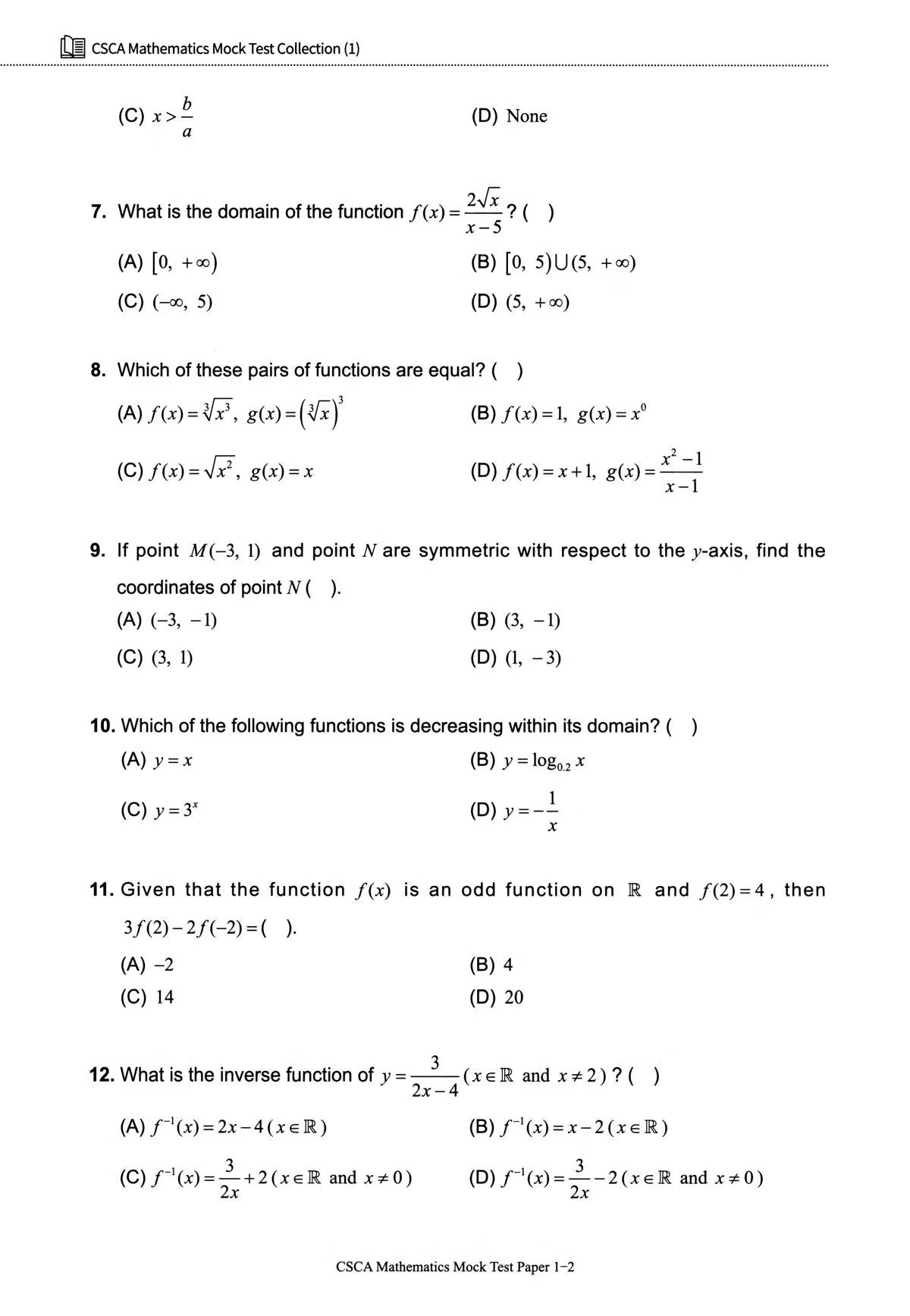 Sample pages of CSCA Easy Pass: CSCA Mathematics Mock Test Collection 1 (English Edition) (ISBN:9787561970478)